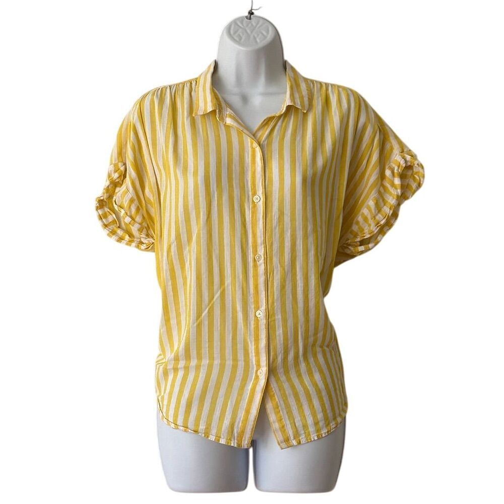 GAP Women's L Yellow Striped Short Sleeve Button-Up Blouse Casual